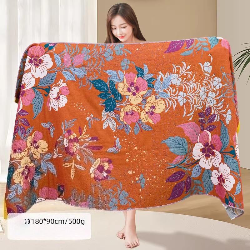 90 × 180cm Extra Large Size Bath Towel,Pure Cotton Gauze Bath Towel Floral Pattern Water-absorbing Quick-drying Soft Bath Towel,1pc