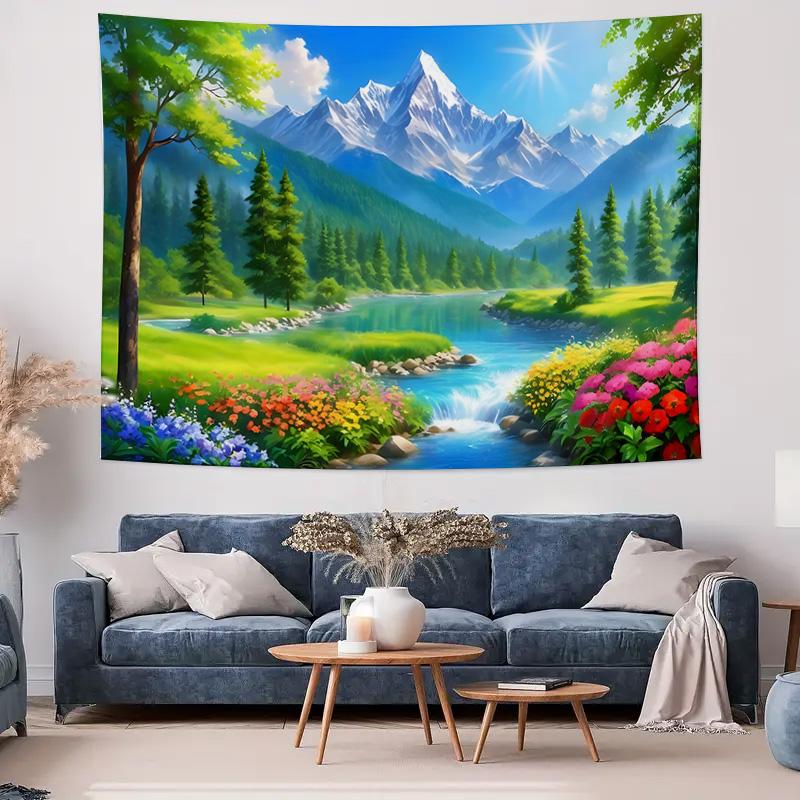 Cartoon Mountain River Flower Garden Wall Tapestry Machine Washable All Season Decor Art Print Nature Design Home Bedroom