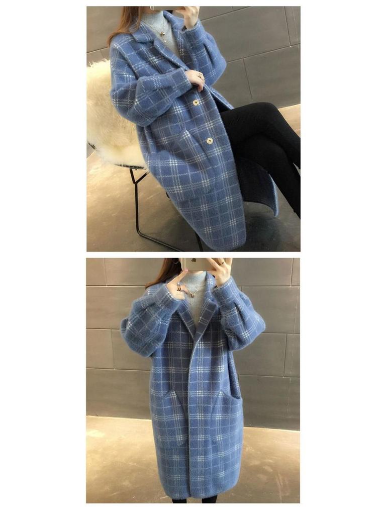 Korean Style Plaid Mid-Length Knit Jacket - Loose Fit, Long Sleeve, Autumn/Winter Women's Fashion.