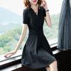Vestido Mini de Manga Corta con Cuello en V, Línea A, Cintura Alta, Delgado, Elegante, Color Sólido, Poliéster, Pequeño Vestido Negro, Vestido Casual para Fiesta de Verano