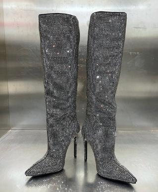 Nuovi Stivali Alti Fino Al Ginocchio Stiletto a Punta Acuta con Punti Stellati Baby'S Breath Europei e Americani, Stivali da Sfilata da Donna Taglie Forti