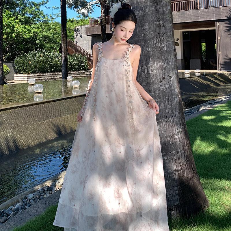 New Chinese-style Fake Two-piece Streamer Smudged Mesh Backless Suspender Dress Women's Morning Robe Vacation Style Seaside Long Skirt