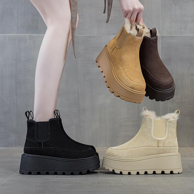 Thick-soled Snow Boots Winter New Velvet Thermal Cotton Shoes Small Height Increase Martin Boots Leather Short Boots
