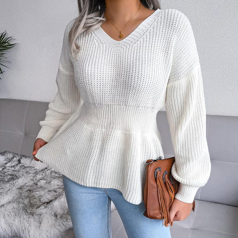 V-neck Tops Women Knitted Sweater Fashion Ruffles Long Sleeve Pullovers and Sweaters Ladies Jumper
