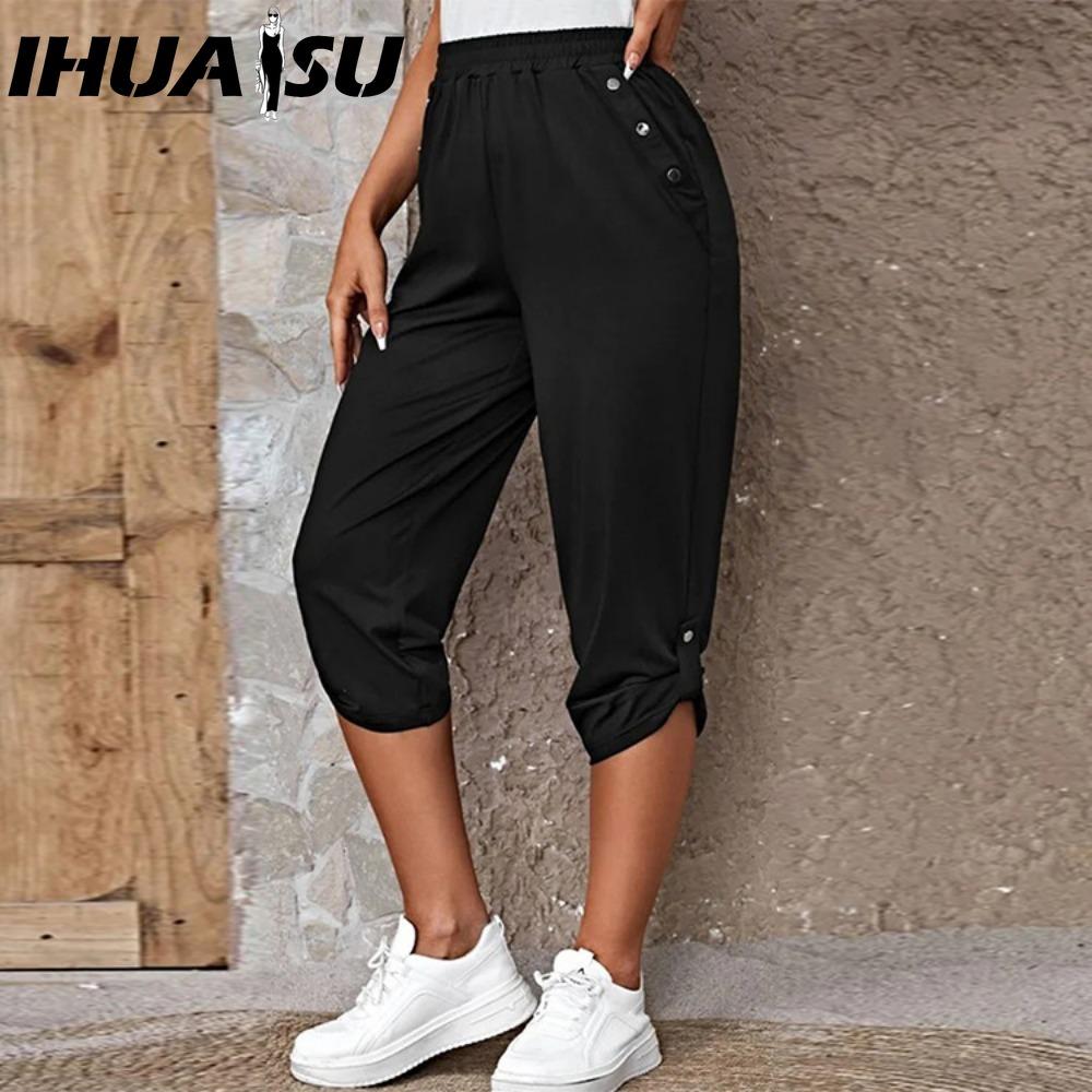 

IHUASU Women s Cropped Trousers with Pockets and Elastic Waist, Summer Buttons S чёрный