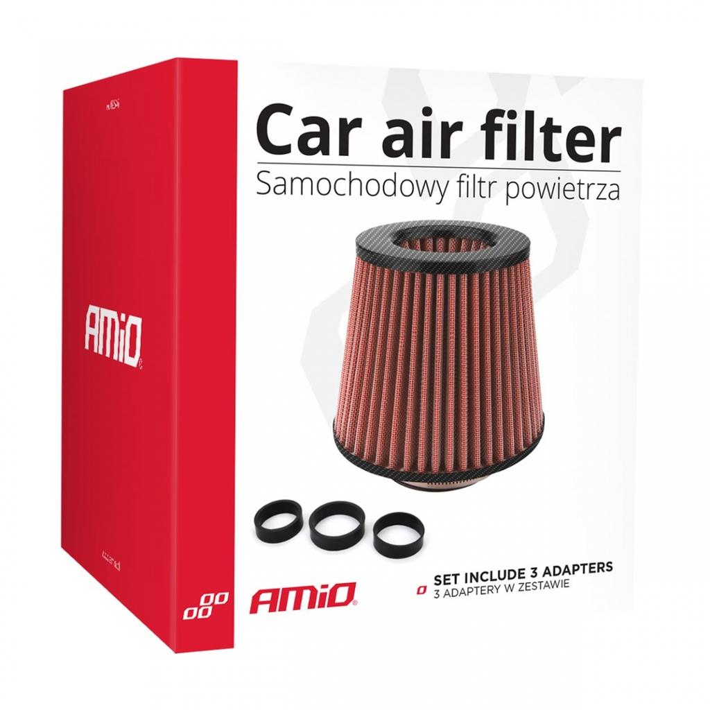 Universal Conical Air Filter Red/Carbon + 3 Adapters Amio-01713