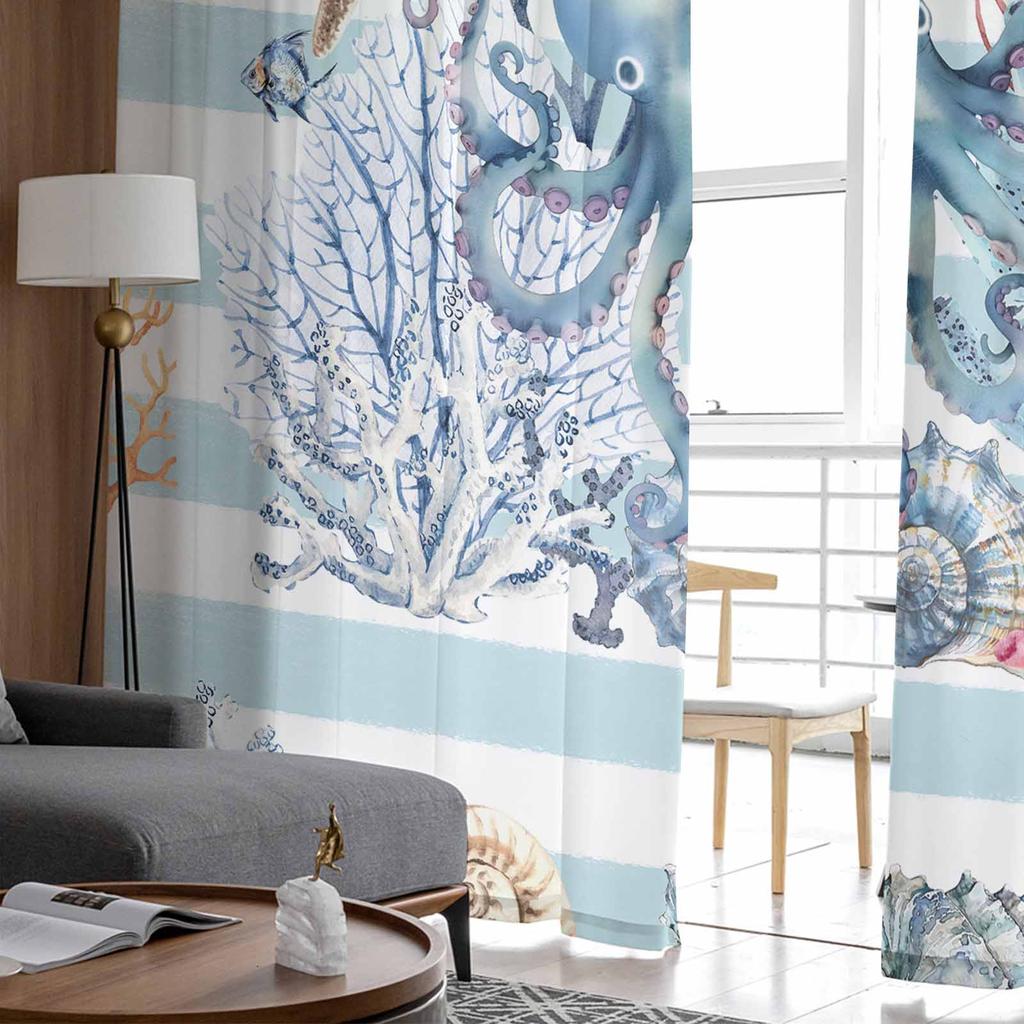 Ocean Blue Striped Coral Starfish Shell Conch Octopus Sheer Curtains for Kids Living Room Voile Window Curtains Tulle Drapes