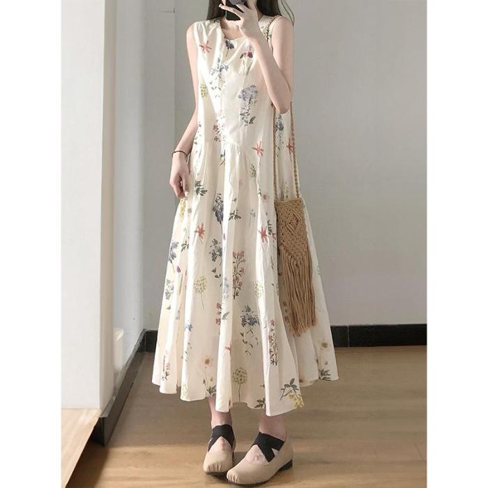 

French coffee break sleeveless round neck floral temperament vest dress summer schoolgirl loose and thin vacation dress S