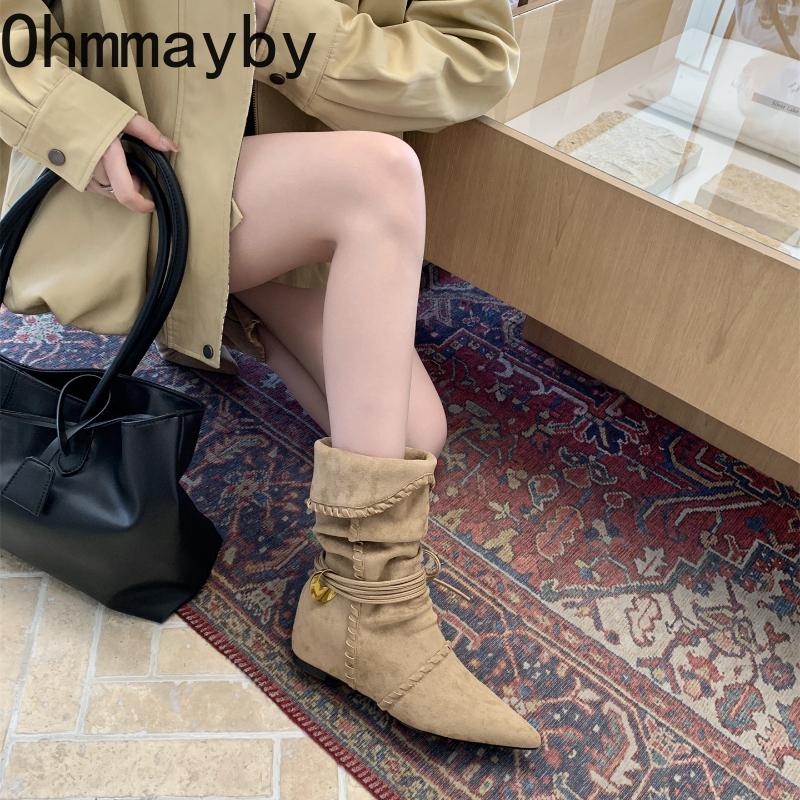 Autumn Winter Pleated Western Mid Calf Boots Women Designer Pointed Toe Internal Elevation Knight Botines De Mujer