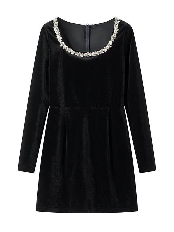 Women's Elegant Beaded Velvet Square Neck Rhinestone Long Sleeve Dress – Winter Formal/ New Year’s Dress