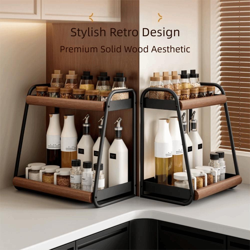 Double-Layer Seasoning Stand Solid Wood Kitchen Organizer Condiment Storage  Home Rack