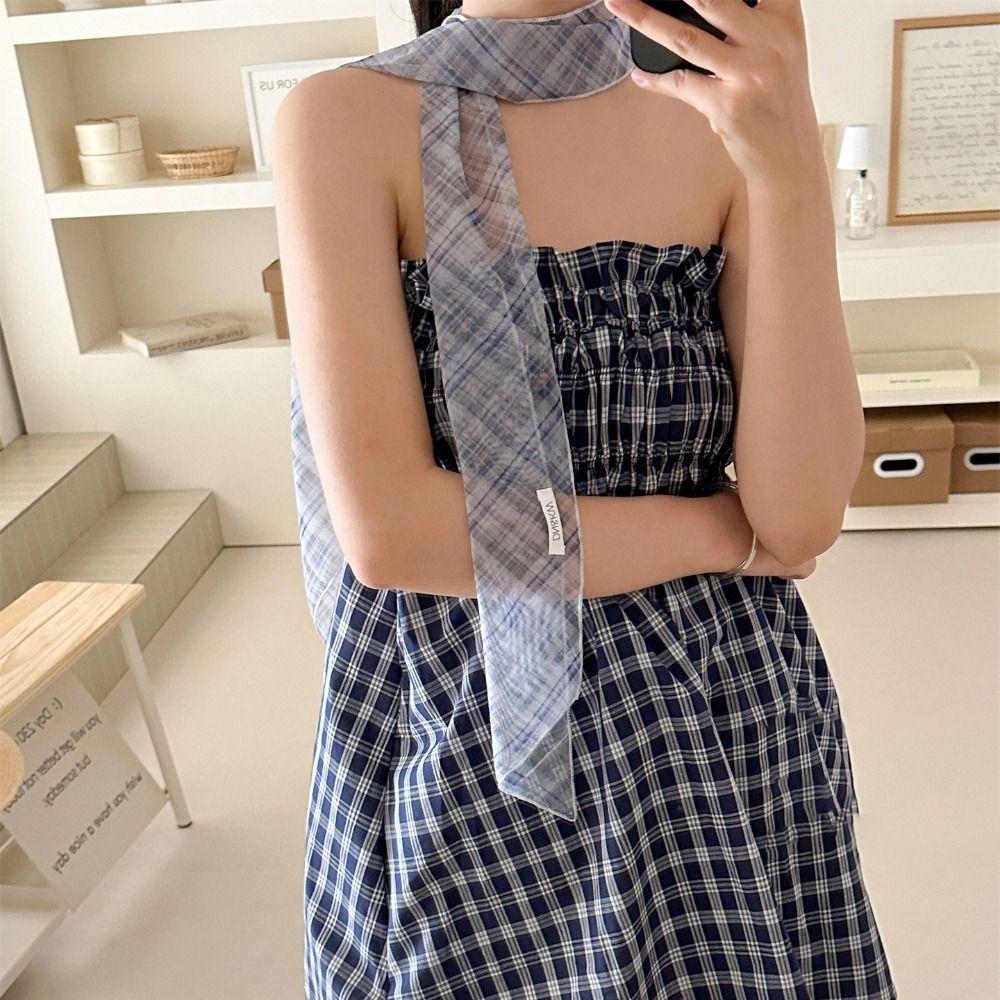 Bow Ties Plaid Pattern Long Silk Scarf Printed Long Ribbon Scarves  Neckerchief Decoration