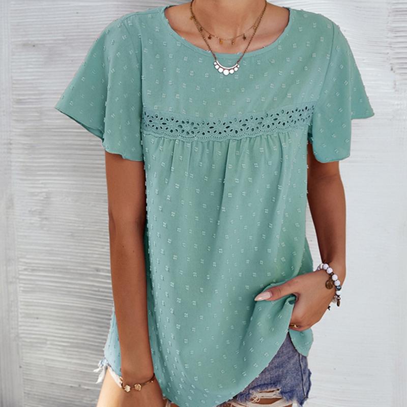 Damen Sommer Rundhals Lotusblattärmel Punktspitze Lässig Locker Top T-Shirt