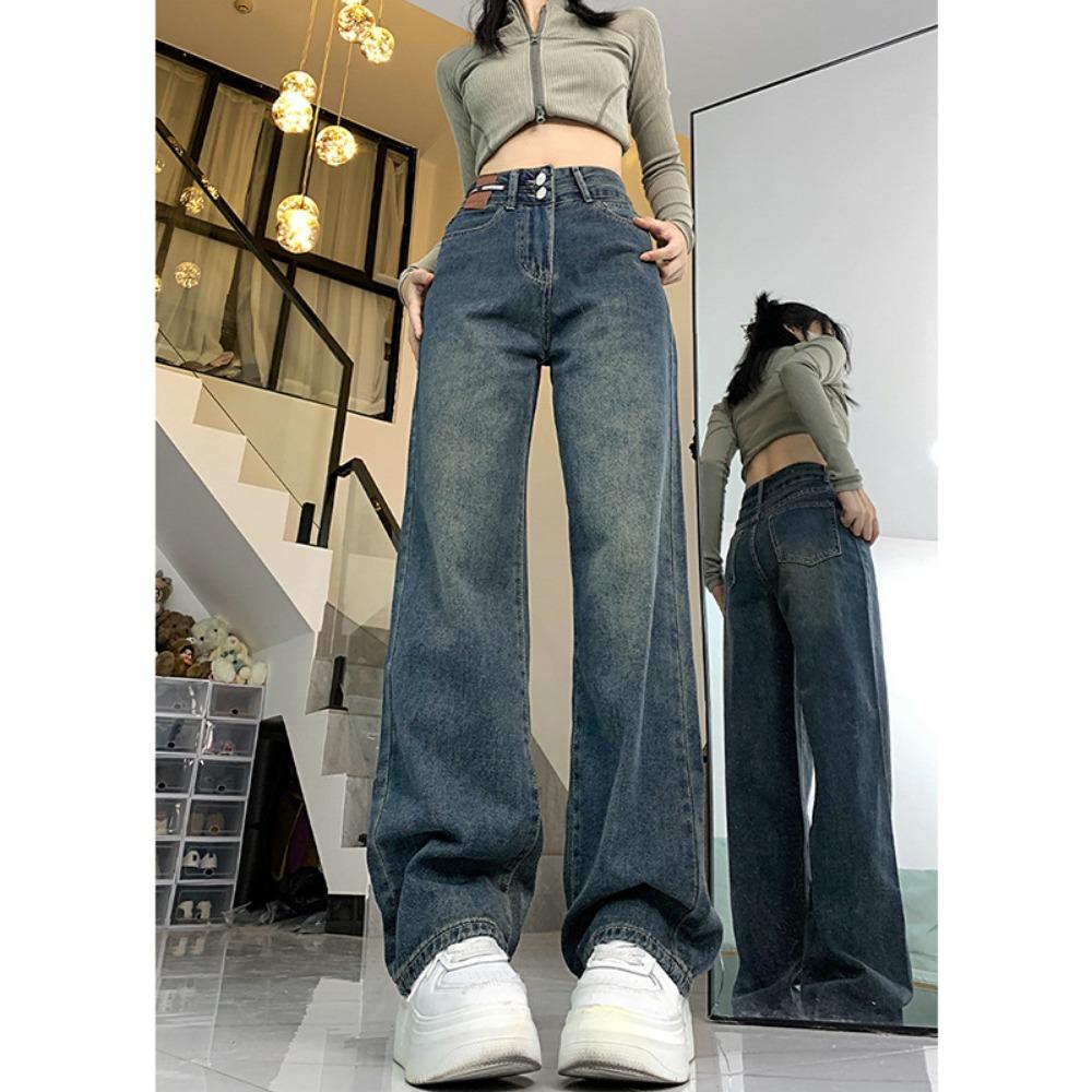 

Прямые женские джинсы 2025 осень и зима новая высокая посадка свободные и стройнящие маленькие большие размеры драпировка широкие брюки 2XL