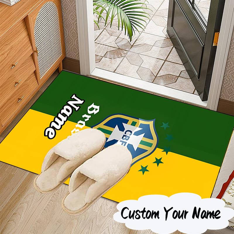 Custom Name Brasilian Pride Emblem Rug for Living Room, Game Rooms, Office, Bedroom, Floor Mat Playful Design, fan gifts Christmas decor