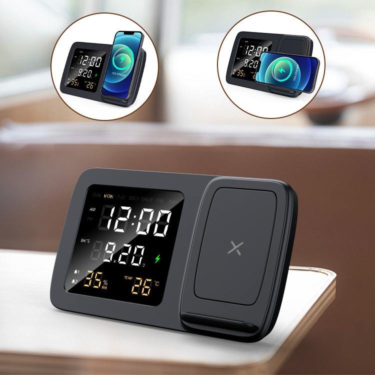 Foldable Desk Dual 15W Wireless Charger Mobile Phone Stand with LED Light Digital Alarm Clock Calendar Temperature Snooze Mode