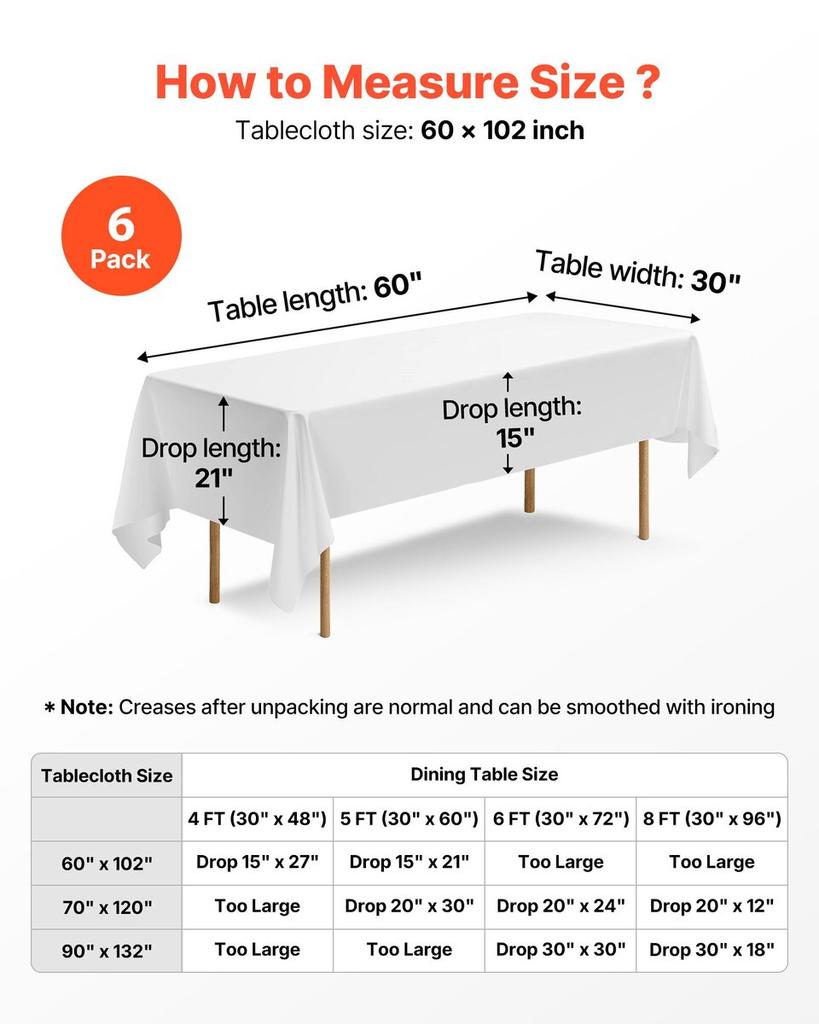 White Tablecloths for Rectangle Tables, 6 Pack, 60 X 102 Inches, Reusable and Machine Washable Table Clothes, Wrinkle-Resistant Polyester Fabric Table