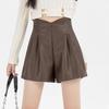 2024 Autumn/Winter Women's High Waist V-Shape PU Leather A-Line Shorts - Korean Style Casual Slimming Wide-Leg Booty Shorts