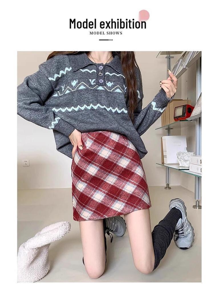 Women's 2025 Retro High-Waist Wool Blend Plaid Mini Skirt - Petite Bodycon A-Line for Autumn/Winter