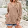 Women's Solid Color Sweater Hooded V-neck Strip Loose Pocket Pullover Top