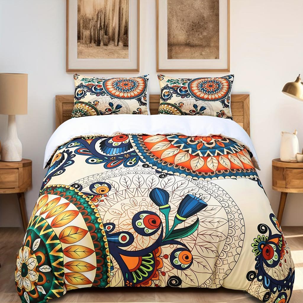 3-Piece Vintage Floral Bohemian Duvet Cover Set - Soft, Indian Mandala Printed Hippie Bedding with 2 Matching Pillowcases