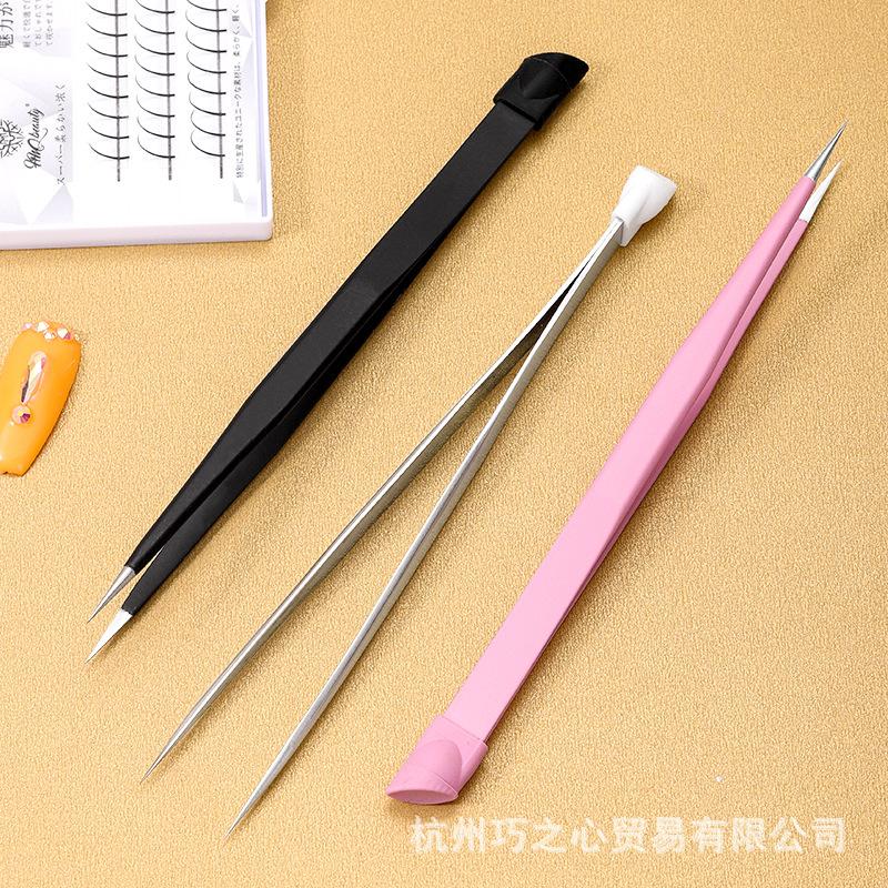 Nail Tweezers Multi-Functional With Silicone Pressing Head Dual-Purpose Straight Head Pink Silver Black Tweezers Can Clamp Eyelashes