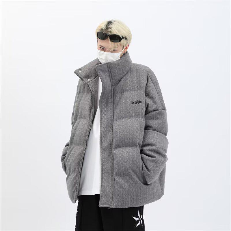 Couple s Thick Jacquard Stand Collar Winter Puffer Jacket - Men s Trendy Loose High-End Feel Cotton Outerwear XXL серый