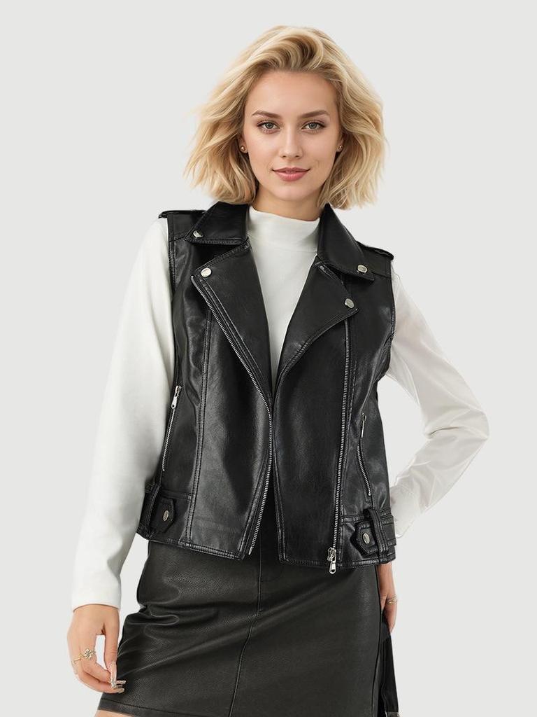 European & American Women's Short Leather Lapel Jacket: Autumn Fashion Vest Coat with Custom Patterns
