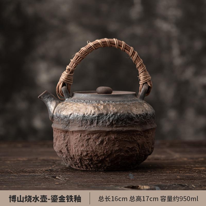 Japanese Style Gilded Iron Glazed Rattan Hoop Handle Teapot Household Boiling Water Kettle Tea Brewing Pot For Electric Stove
