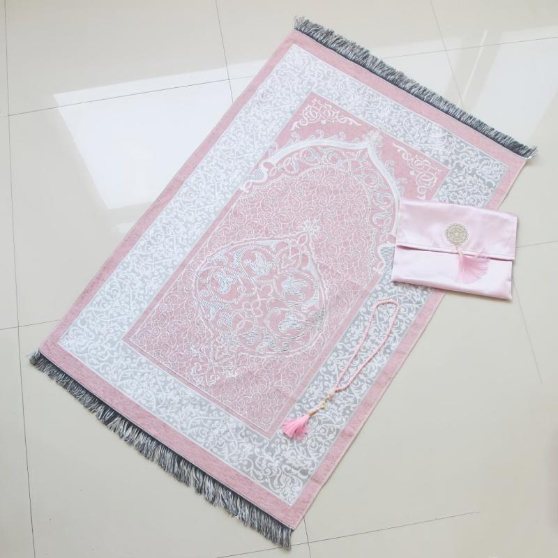 Turkish Style Gloss Silk-Like Printed Non-Slip Prayer Rug with Matching Carry Bag Popular Ramadan Religious Present Mat