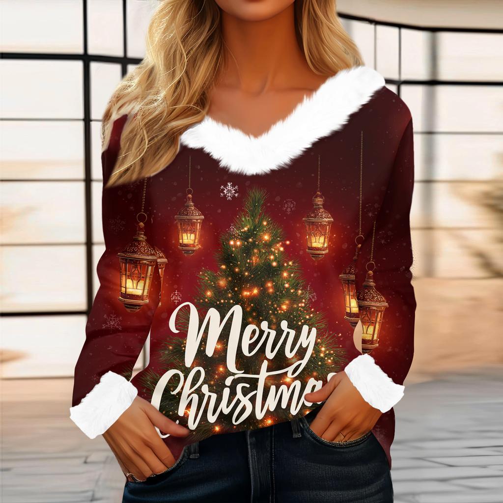 Women's Casual Fashion Long Sleeve Christmas Printed Flannel Collar Top