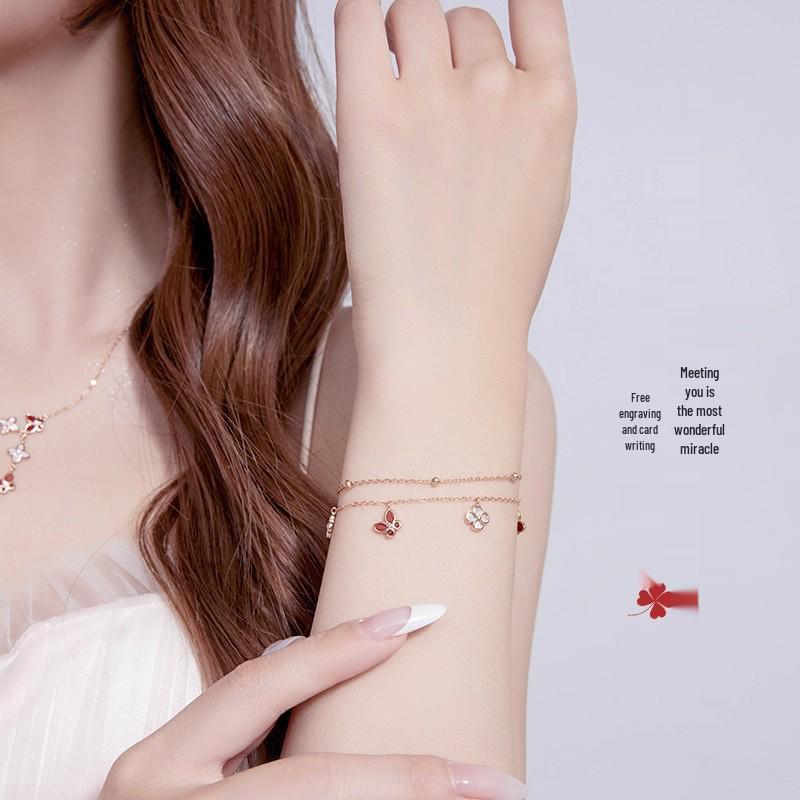 Women's Sterling Silver Clover Bracelet with Agate and Mother-of-Pearl - Elegant Gift for Birthdays or New Year