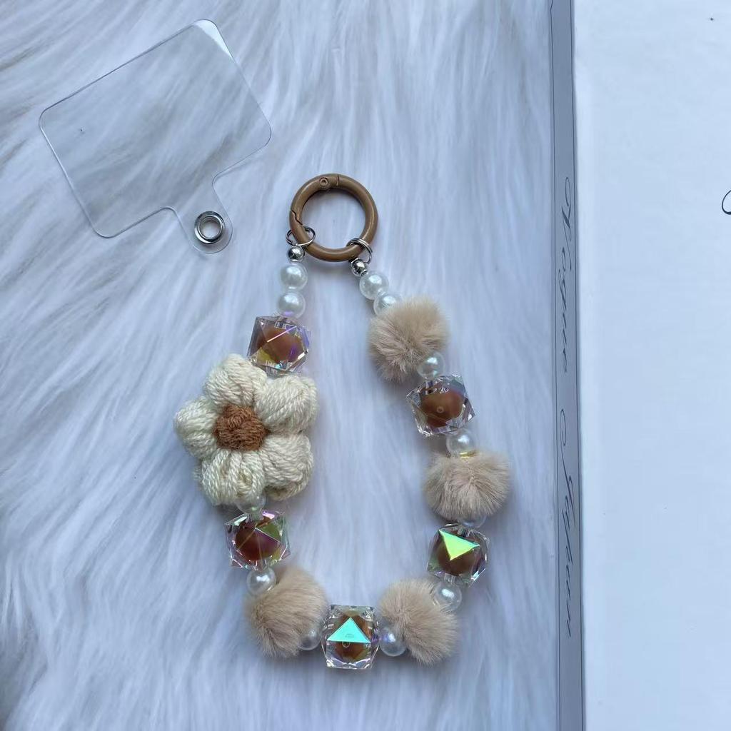Wool Flower Beaded Phone Chain & Keychain: Cute Plush Bracelet & Bag Pendant Accessory