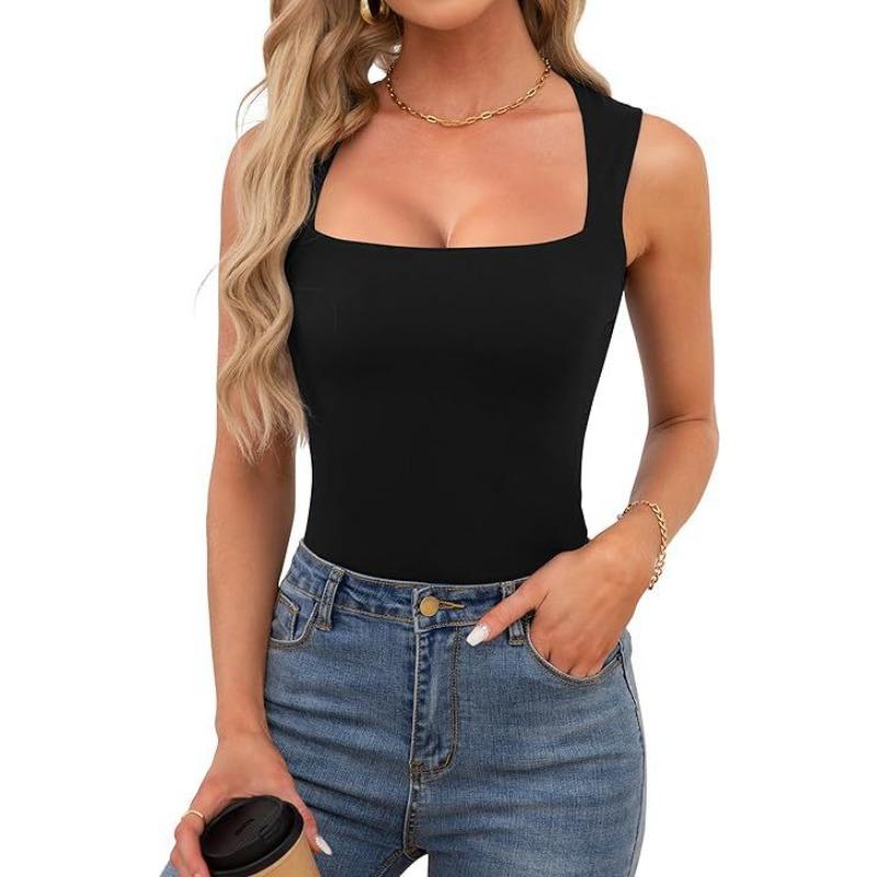 JKASHDK Women's Fashion Casual Summer Spring Solid Color Print Sleeveless Square Collar Blouses & Shirts
