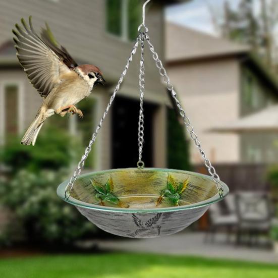 Hanging Metal Bird Feeder Weather-proof Outdoor Garden Patio Yard Hanging Bird Bath Watering Bowl Feeding Device with Detachable Chain