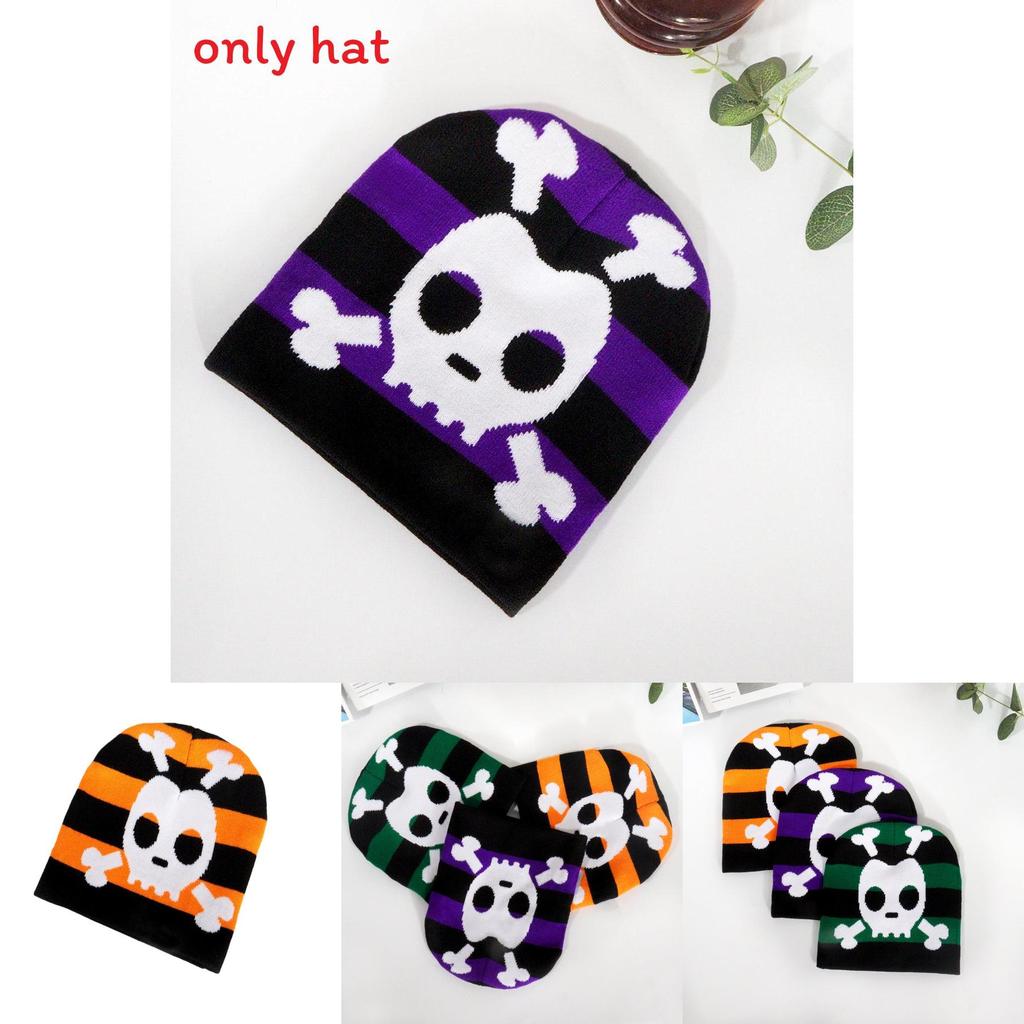 Fashion Color Blocked Striped Skull Pattern Neutral Casual Warm Knitted Hat For Streetwear And Hiphop Fans