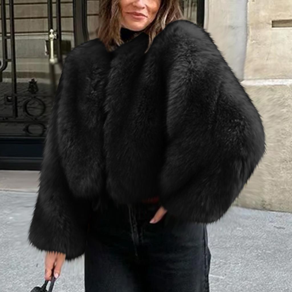 Women's Fashionable Warm Long Sleeve Solid-Color Furry Coat