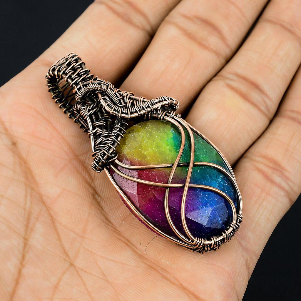 Rainbow Solar Quartz 999 Copper Wire Wrapped Pendant, Handmade Gemstone Pendant Jewelry, Gifts For Wife Brand New Pendant