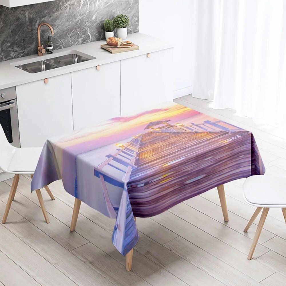 Seaside Bridge Tablecloth Sunset  Anti-fouling and Waterproof Rectangular Kitchen Dining Table Home Decoration