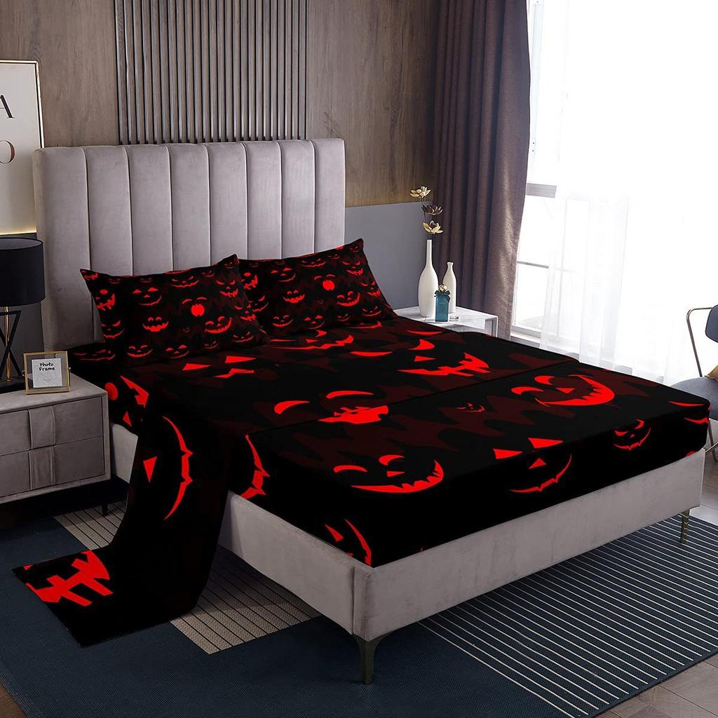 Halloween-Themed Pumpkin Pattern Bed Hat Four-Piece Bedding Set Bedroom Dormitory Bedding Decoration