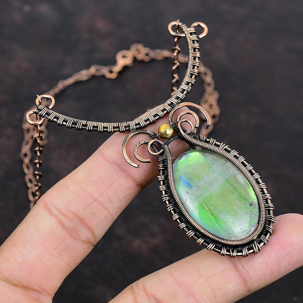 Tęczowy Mistyczny Opal Naszyjnik Oplatany Miedzianym Drutem Naszyjnik Ręcznie Robiony Regulowany Naszyjnik Miedziana Biżuteria Naszyjnik z Kamieniem Szlachetnym Prezent Dla Kobiet