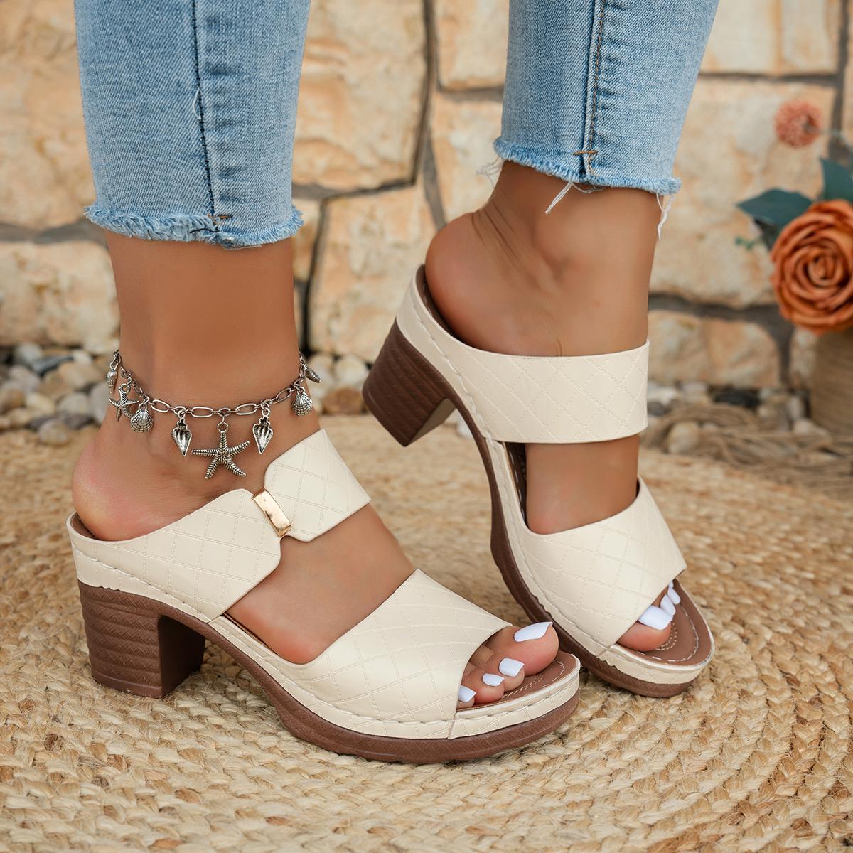 

Модные повседневные сандалии-слипоны с металлической отделкой для женщин, винтажные однотонные бежевые шлепанцы на высоком каблуке с круглым носком для женщин, модные уличные шлепанцы 2025 43 бежевый