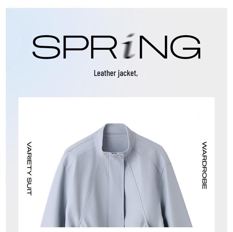 2025 Spring Women's Solid Color Loose PU Leather Stand Collar Jacket Coat Z8805