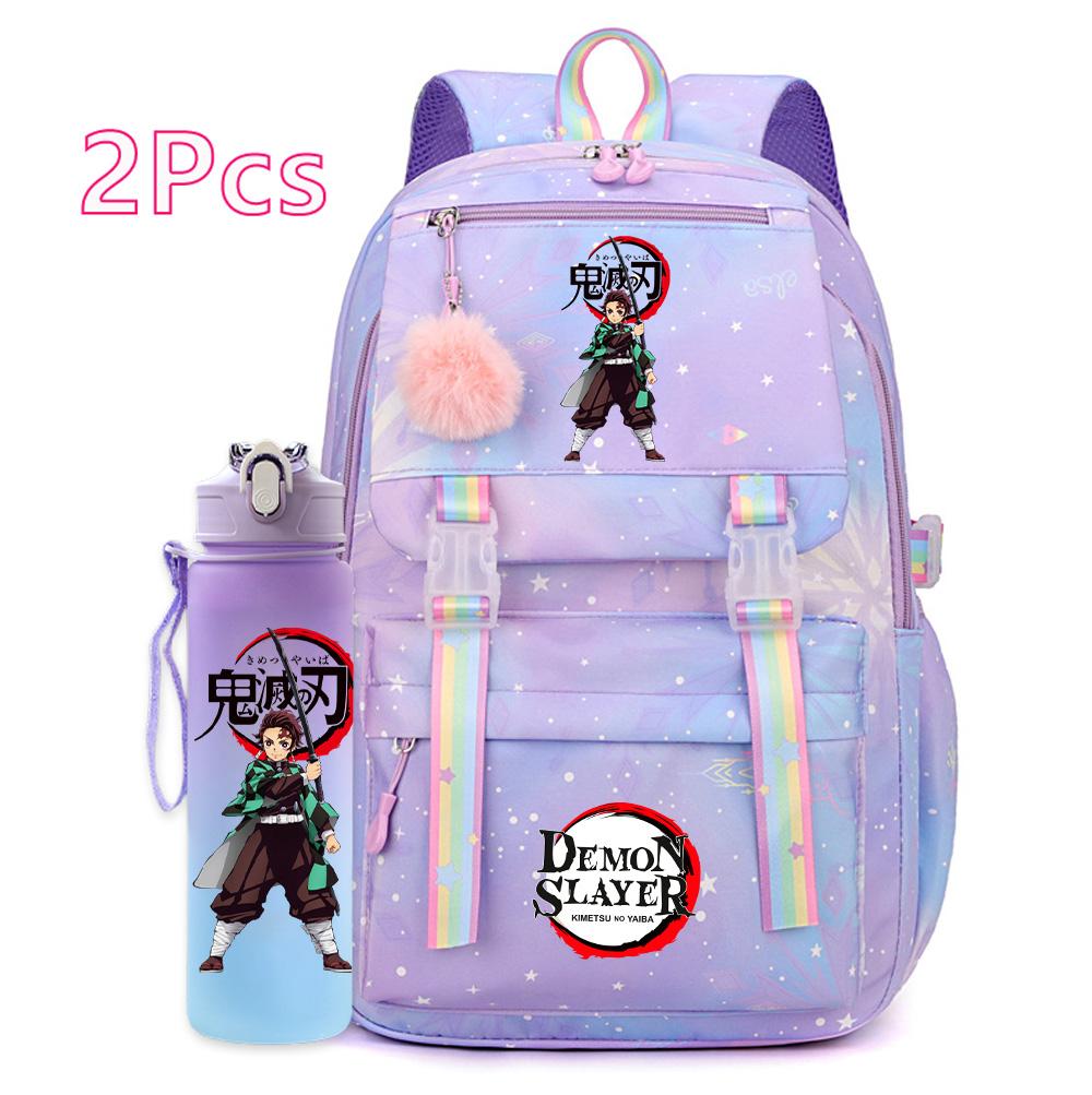 2Pcs/set Cartoon Demon Slayer Printed Backpack with 750Ml Water Bottler for Teenager Girl Boy Large Capacity Waterproof Bookbag Travel Bag Gift