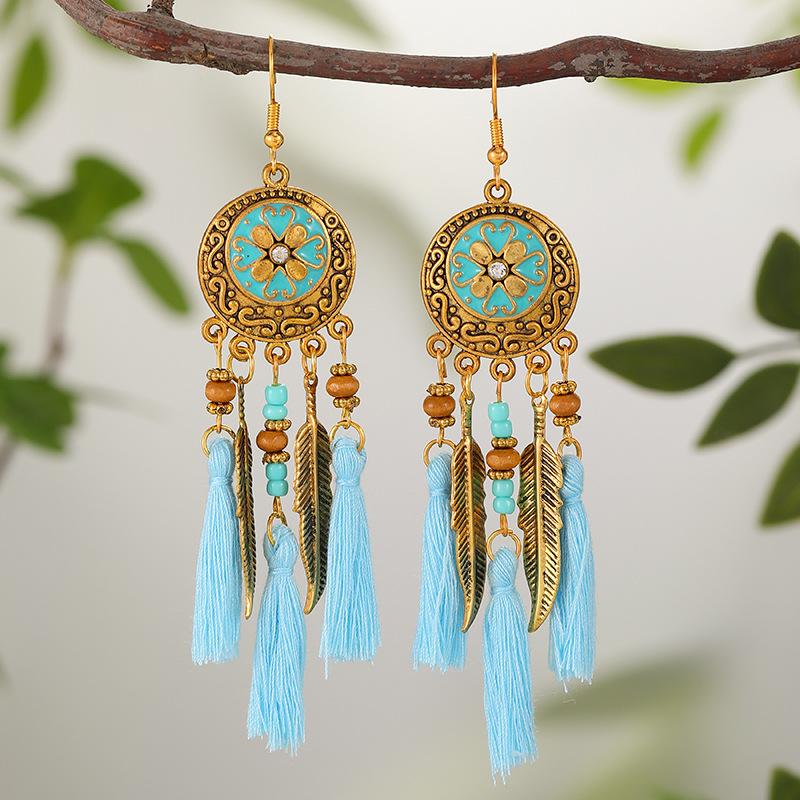 Bohemian Leaf Tassel Earrings for Women Vintage Round Wood Bead Antique Gold Color Alloy Earrings Vacation Party Wedding Jewelry