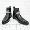 Fashion Leisure Walk Mens Chelsea Boots Handmade High Top Men Shoes Male Leather Ankle Boots Business Dress Shoes New Metal Buckle Botas