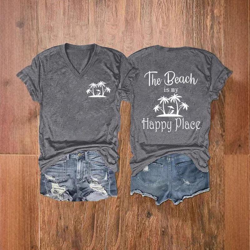 

3D Coconut Tree Print Top V-neck Short Sleeved Women s T-shirts S