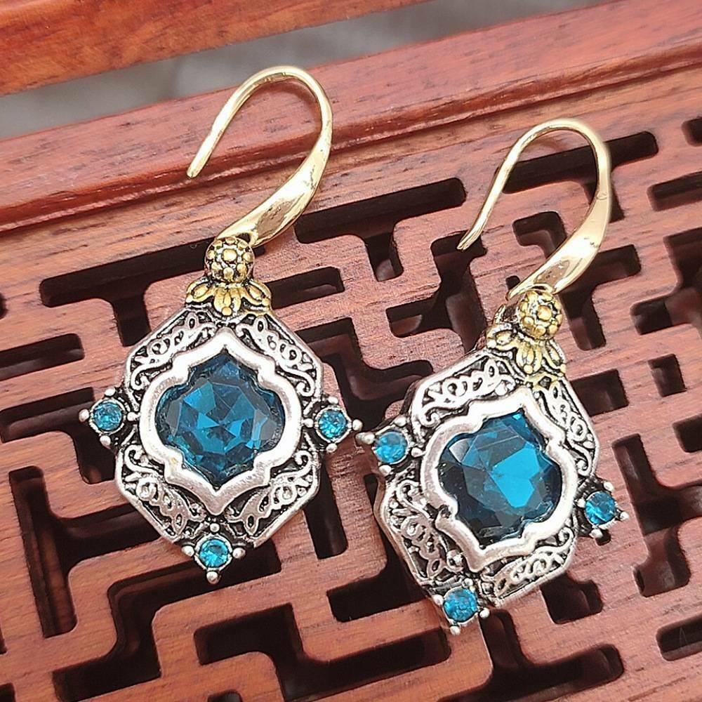 Women Zinc Alloy Retro Bohemia Gold Color Ear Hook Drop Blue Rhombus Glass  Earrings Wedding Party Jewelry Gift