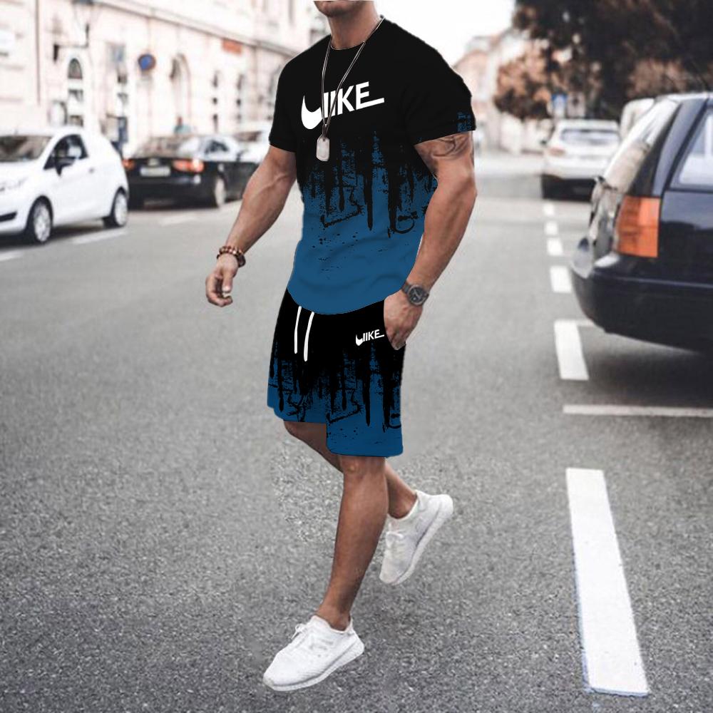 Sommer T-Shirt Set für Männer Gestreiftes Herren-T-Shirt Kurzarm + Shorts 2-teiliges Set Oversized Lässig Strand Sport Männer Anzug S