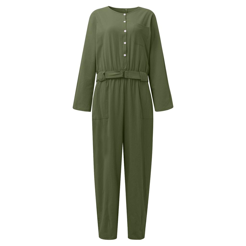 Combinaison Cargo Décontractée Lâche Colorée Coton Lin Revers Ceinture Mode Rétro pour Femmes